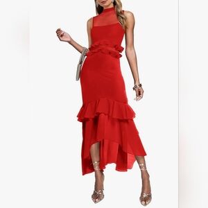 Red Womens Elegant Bodycon Maxi Sleeveless Mesh Ruffle Dress Cocktail Party New